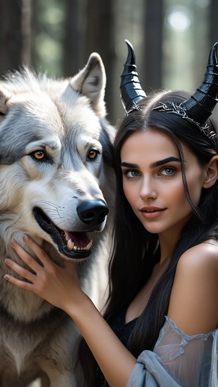 beautiful and perfect 8k uhd professional photograph, sharp focus, In a stunning fantasy world, a cute 20yo silver-haired girl has black devil horns and beautiful hands, 1girl and a mysterious 1giant wolf, beaming with joy, in bright natural light