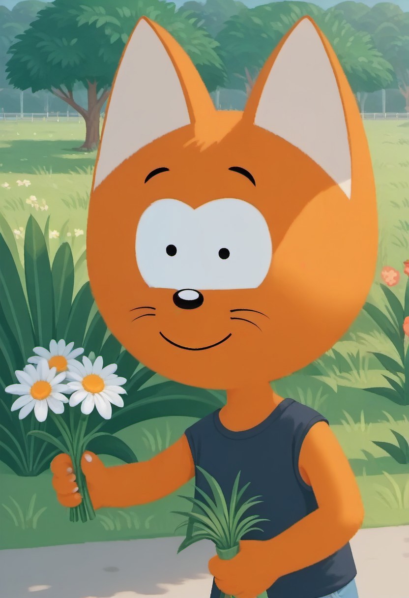 score_9, score_8_up, score_7_up
day time, natural light, detailed sun rays, summer, daytime, highly detailed background, park, break
cat anthro, male cat, ornage fur, BREAK
holding flowers, wide smile