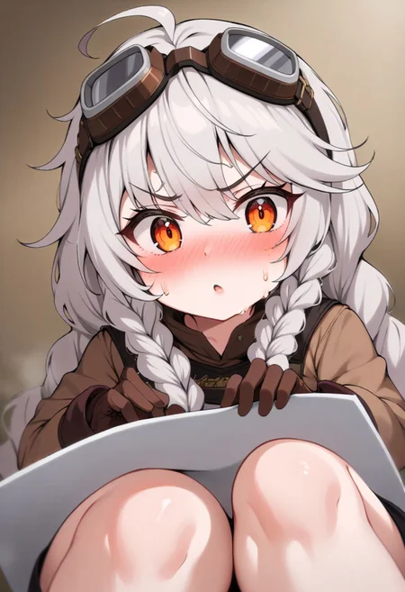 Wrenna_Ilias, 1girl, braid hard, gloves, solo, goggles_on_head, goggles, long_hair, sitting, shorts, grey_hair,  small breasts, twin_braids, sweat, brown_gloves, thighs, looking_at_viewer, random action, random expression, thick_thighs, very_long_hair, ahoge, blush, 50mm photograph, 8k, masterpiece, high detail.