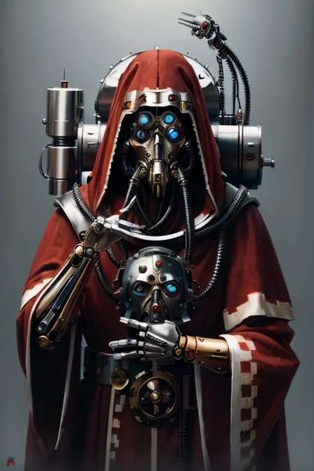 ((masterpiece,best quality)), absurdres, mechanical arms, robes, hood, (techpriest), cyborg, mechanical face, (orthoicon)