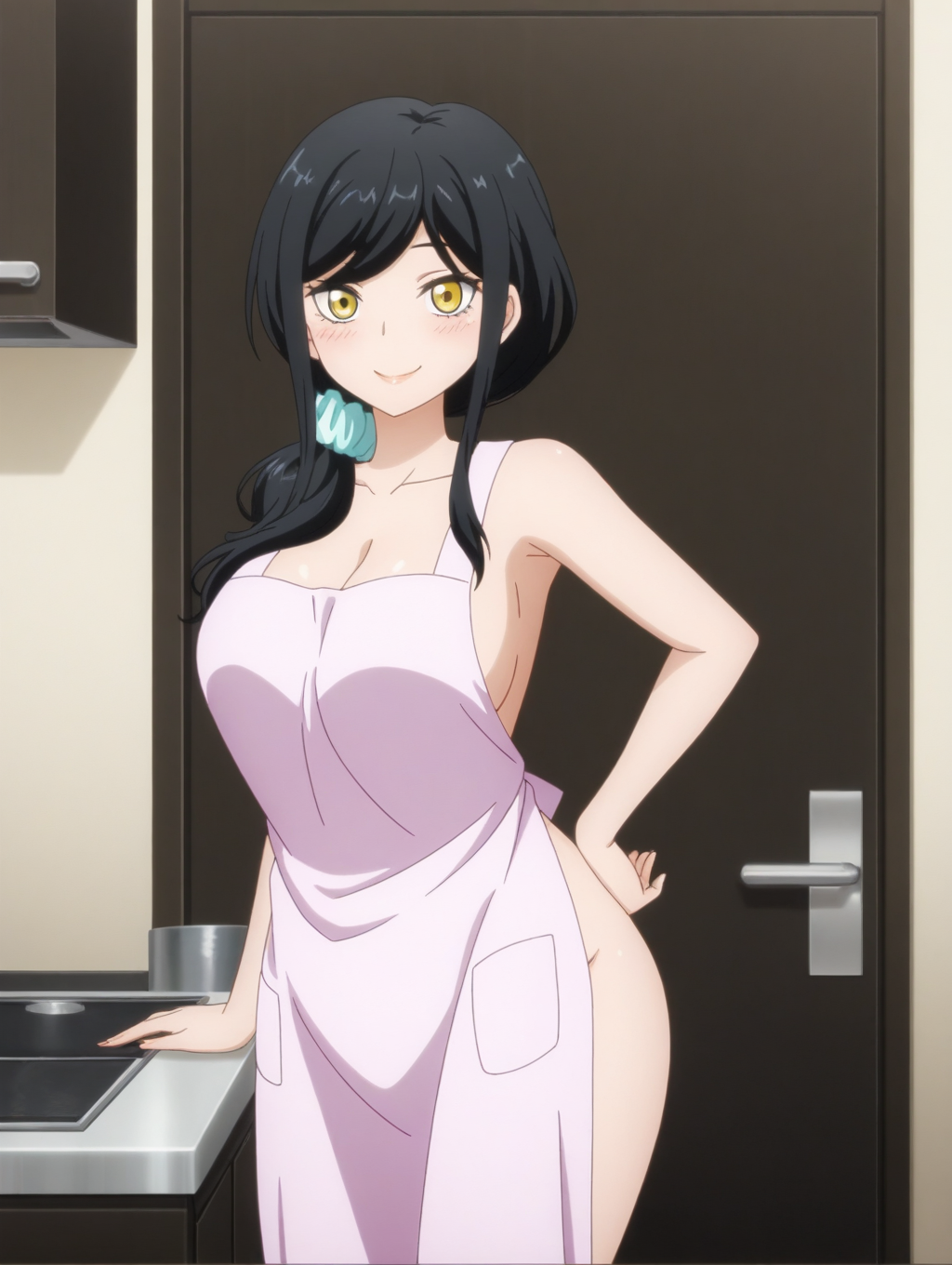 masterpiece, best quality, amazing quality, detailed, anime coloring, <lora:ToukoYotsub_LW:0.8>, ToukoYotsub_LW, anime screenshot, black hair, long hair, scrunchie, yellow eyes, hair scrunchie, hair ornament, hair over shoulder, 1girl, solo, mature female, 
nude apron, large breasts, cleavage, kitchen, blush, smile, looking at viewer, hips,