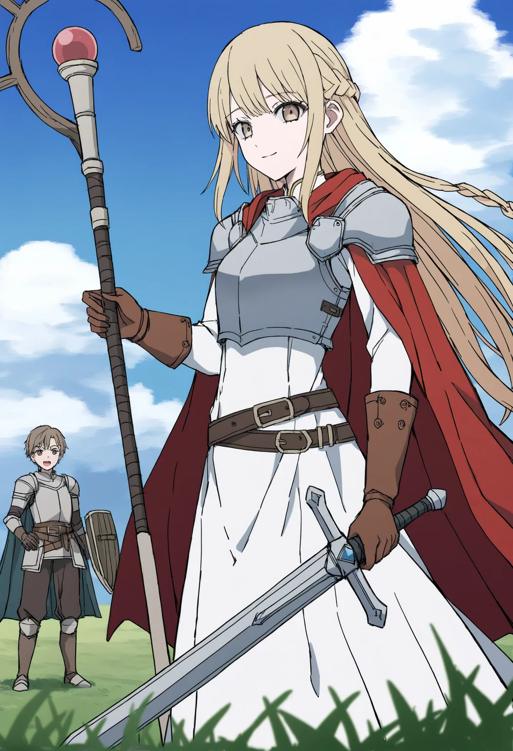 1girl, 1boy,
long hair, armor, brown eyes, braid, brown hair, dress, cape, white dress, blonde hair, shoulder armor, red cape, closed mouth, long sleeves, short hair, grass, twin braids
masterpiece, holding sword, brown gloves, solo focus, standing, day, cloudy sky, looking at viewer, cloud, blue sky, sword, breastplate, holding staff, gloves, holding, very long hair, open mouth, sky, smile, pauldrons, shield, holding weapon, weapon, outdoors,
.
best quality, very aesthetic, absurdres
<lora:hakuhiruoeoefornoob:0.95>
