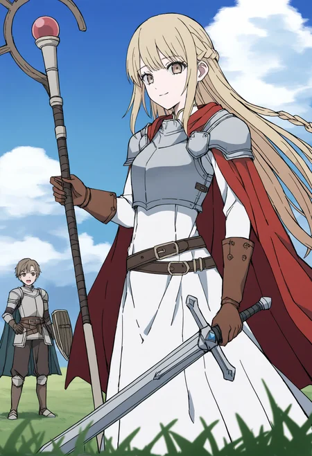 1girl, 1boy, 
long hair, armor, brown eyes, braid, brown hair, dress, cape, white dress, blonde hair, shoulder armor, red cape, closed mouth, long sleeves, short hair, grass, twin braids 
masterpiece, holding sword, brown gloves, solo focus, standing, day, cloudy sky, looking at viewer, cloud, blue sky, sword, breastplate, holding staff, gloves, holding, very long hair, open mouth, sky, smile, pauldrons, shield, holding weapon, weapon, outdoors,
.
best quality, very aesthetic, absurdres
 <lora:hakuhiruoeoefornoob:0.95>