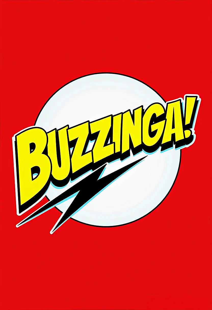 pop Art style . Create a design similar to the "Bazinga!" logo from "The Big Bang Theory." The background should be a solid red with a white circle in the center. The word "Buzzinga!" should appear in bold, yellow, comic book-style font with a thick black outline. Beneath the text, include two black lightning bolts stretching diagonally outward, just like in the original design. . bright colors, bold outlines, popular culture themes, ironic or kitsch