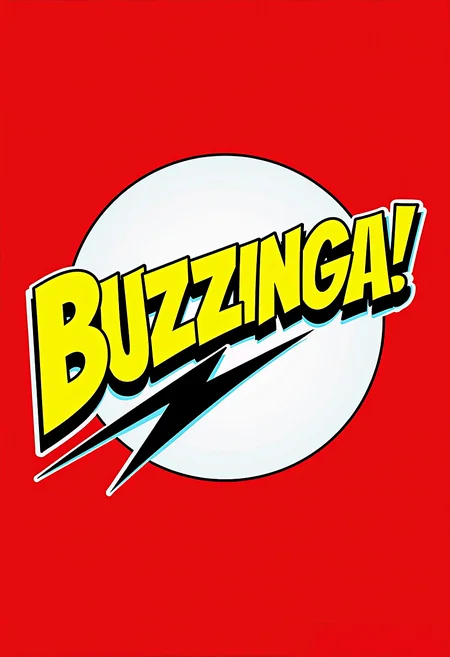 pop Art style . Create a design similar to the "Bazinga!" logo from "The Big Bang Theory." The background should be a solid red with a white circle in the center. The word "Buzzinga!" should appear in bold, yellow, comic book-style font with a thick black outline. Beneath the text, include two black lightning bolts stretching diagonally outward, just like in the original design. . bright colors, bold outlines, popular culture themes, ironic or kitsch
