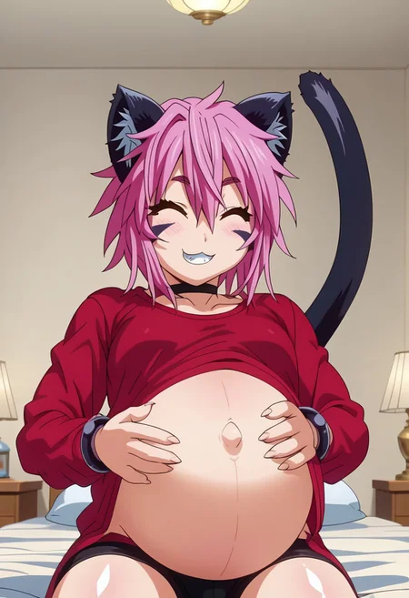 best quality, masterpiece, 4k, perfect lighting, very aesthetic, anime, anime coloring, official art, anime screencap,
bedroom,  hand on belly, happy, smile, large pregnant belly,
nia, cat girl, cat tail