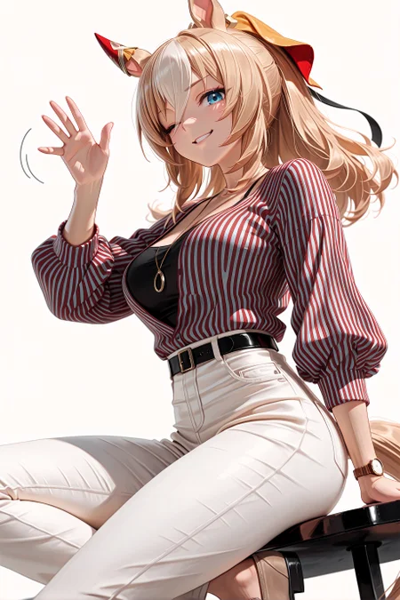 1girl, solo, durandal \(umamusume\), horse girl, official alternate costume,
vertical-striped shirt, pendant, black camisole, long sleeves, casual, black belt, white pants, striped shirt, brown footwear, shoes, wristwatch, puffy sleeves,
smirk, one eye closed,
sitting, waving,
cowboy shot,
white background, looking at viewer, from below, dutch angle, from side,
<lora:durandalillv2.2:0.9>,
masterpiece, best quality, amazing quality, very aesthetic, absurdres, highres, newest, <lora:xl_saturation_slider:0.1>, <lora:add-detail-xl:1>, <lora:illustriousXLv01_stabilizer_v1.164:0.4>, <lora:reduce_wrinkles_illstriouosv0.1_ADDifT_2_in_1_v1.2:0.9>,