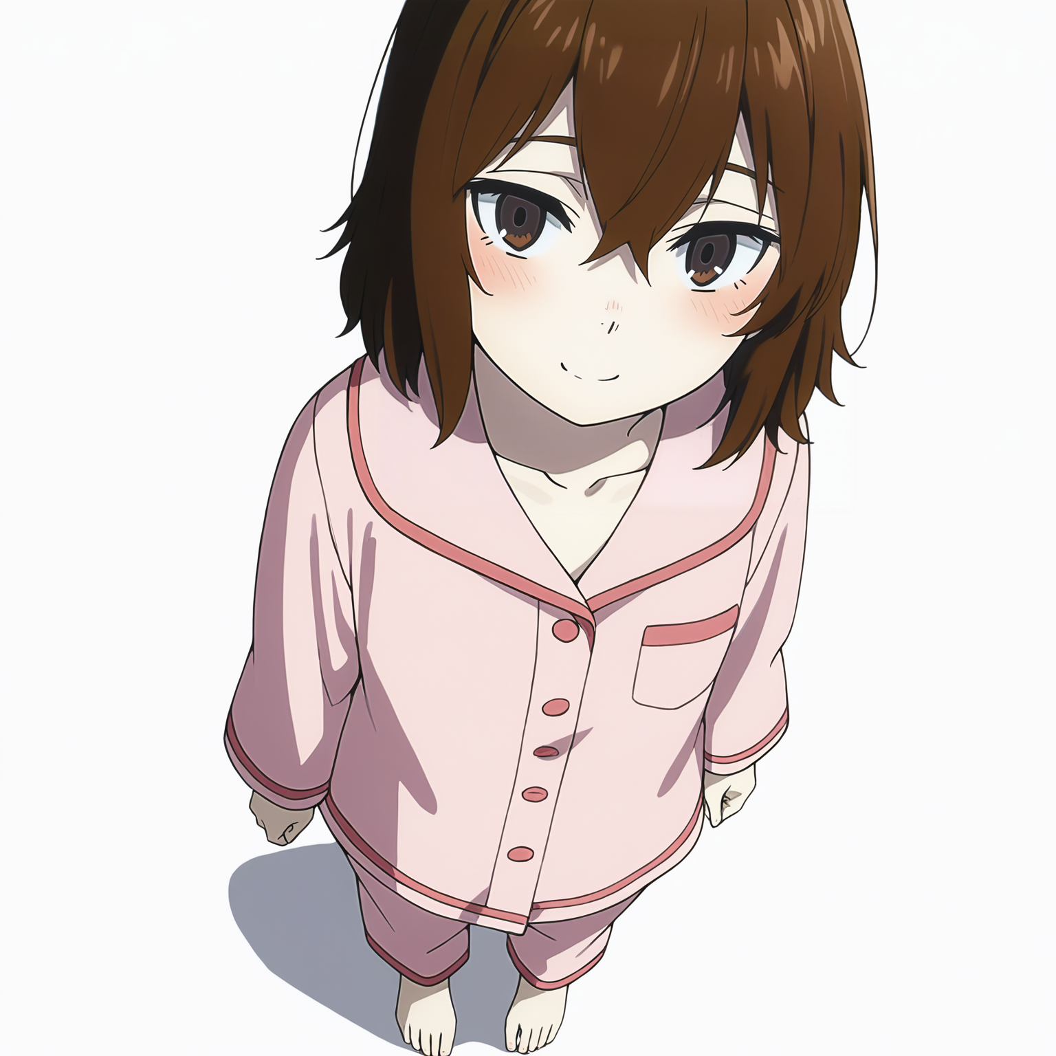 pixiv masterpiece, score_9, score_8_up,  source_anime, score_7_up, best quality, high res, absurd res, 
<lora:Kayo_Hinazuki_Illustrious_v19-000013:1>,kayo_hinazuki_il, 1girl, brown_eyes, short_hair, brown_hair, pink_pajamas, solo, medium shot,  standing, faint smile, simple background, white background, from above, full body
