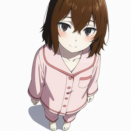 pixiv masterpiece, score_9, score_8_up, source_anime, score_7_up, best quality, high res, absurd res,
<lora:Kayo_Hinazuki_Illustrious_v19-000013:1>,kayo_hinazuki_il, 1girl, brown_eyes, short_hair, brown_hair, pink_pajamas, solo, medium shot, standing, faint smile, simple background, white background, from above, full body