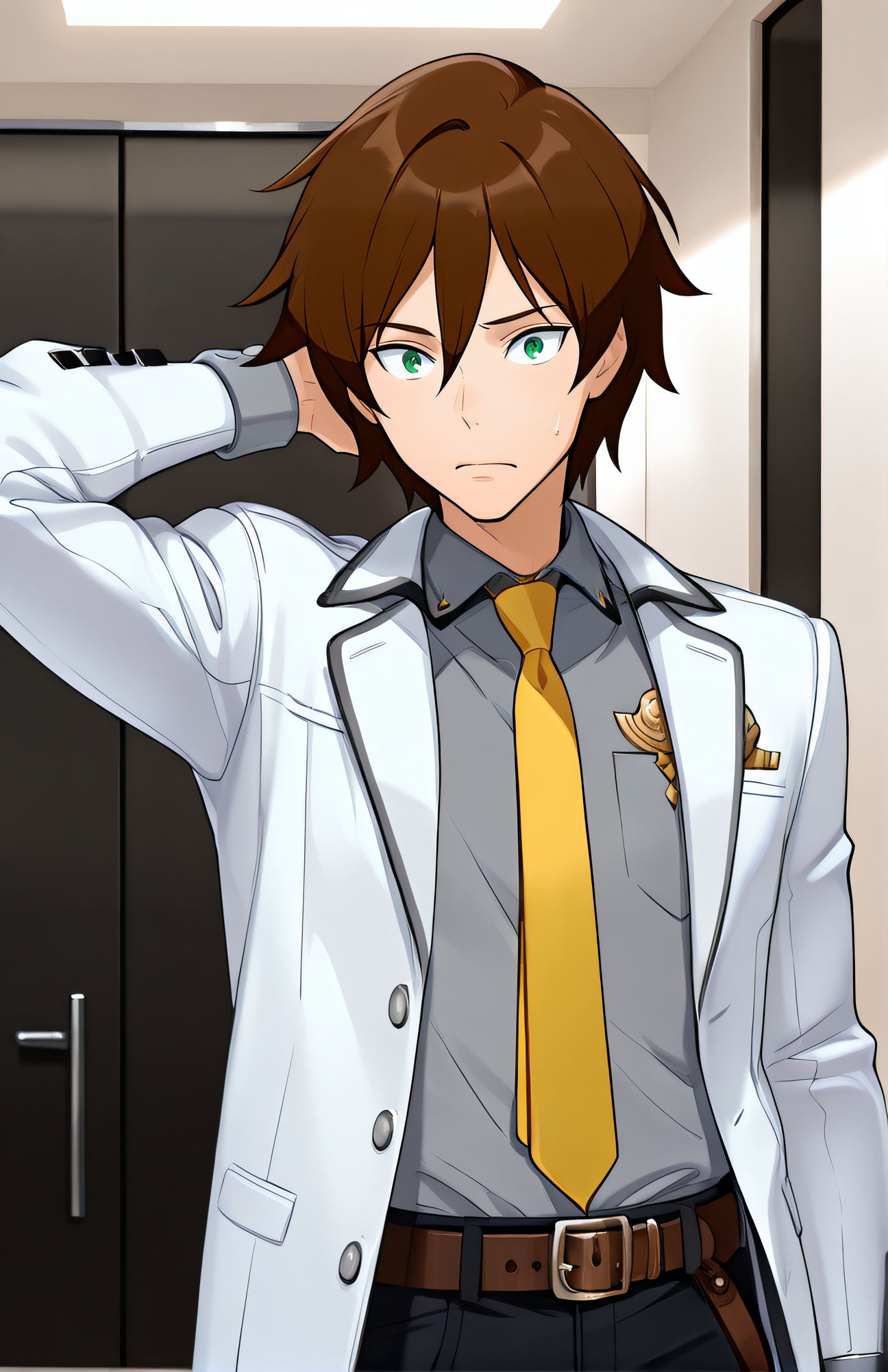 masterpiece, best quality, highres, newest, official artstyle, extremely detailed CG, 1boy, solo, <lora:LArc_Bright_Lagoon:1>, LArc, brown hair, green eyes, lonewolf, grey shirt, yellow necktie, white jacket, open jacket, grey cuffs, many grey buttons, belt, black pants, hand behind head, surprised, closed mouth, looking at viewer, indoor, cowboy shot