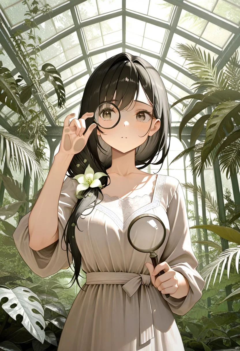 (masterpiece, best quality, ultra-detailed:1.3), RAW photo, 8K UHD,
1girl, magnifying glass to eye, wild botanist hair, linen dress,
[Victorian greenhouse jungle], [examining rare orchid, focused expression],
sunlight through glass, plant textures, macro details