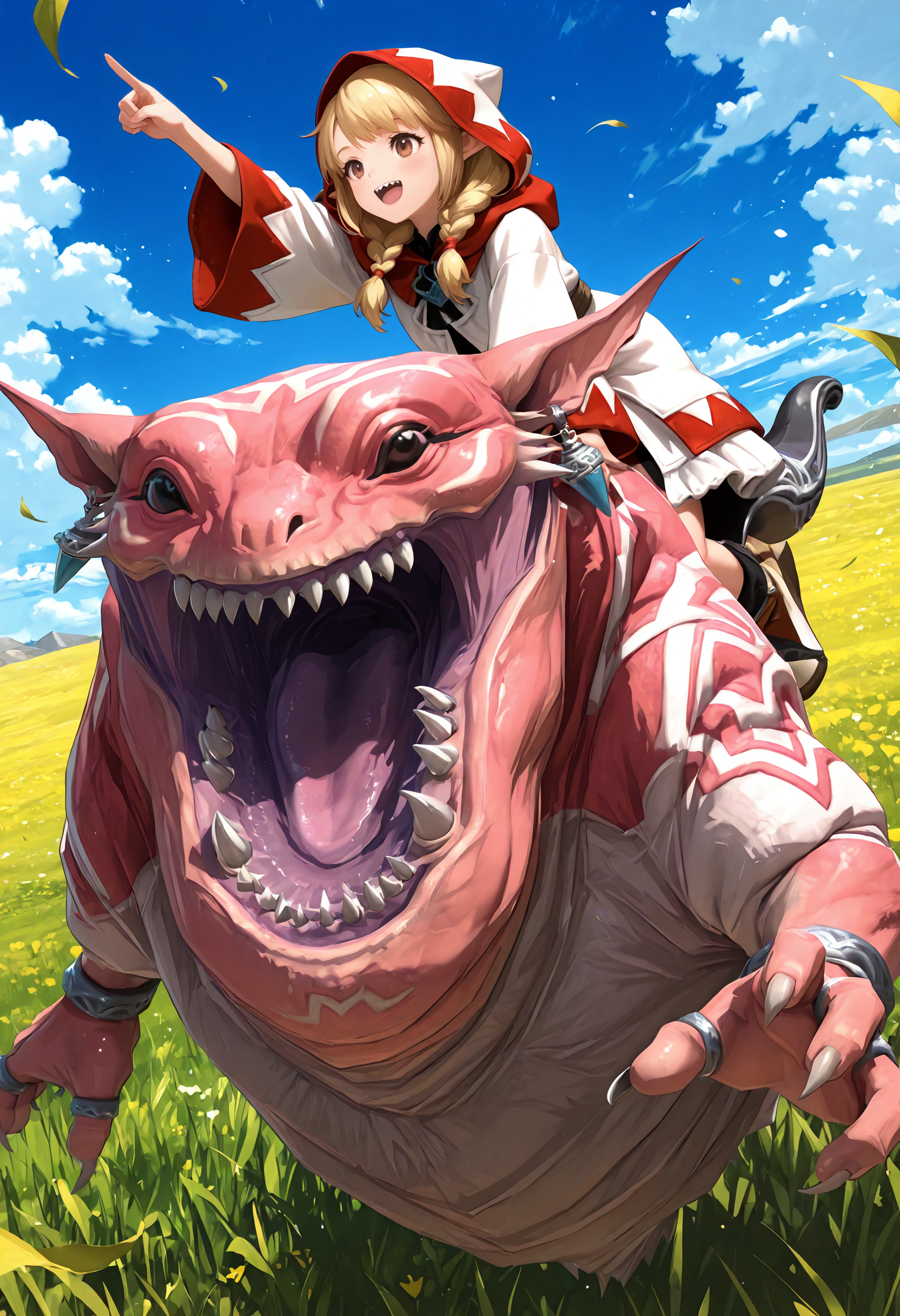 masterpiece,full_body,day,sky,field,1other,
BREAK typhon_(ff),horns,no humans,sharp teeth,open mouth,teeth,claws,jewelry,tongue,<lora:typhon_(ff)-IL:1> BREAK 1girl,white mage \(final fantasy\),twin braids,hood,smile,braid,blonde hair,long hair,brown eyes,hair over shoulder,robe,wide sleeves,pointing,riding