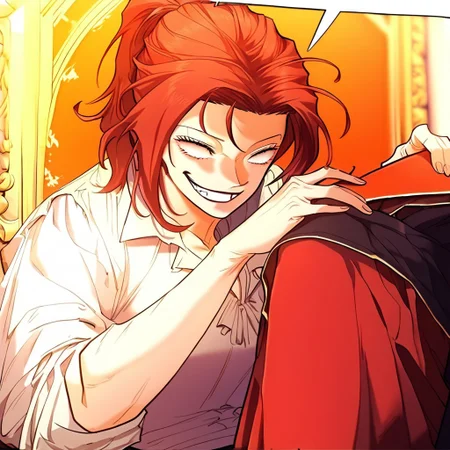 score_9, score_8_up, score_7_up, masterpiece, very high quality, Anime_source, AliciaTermina, blue eyes, red hair, medium hair, ponytail, working uniform, sitting, throne, epiCPhoto, Lloyd Frontera expression, silly face, laugh, wide eyes, evil laugh