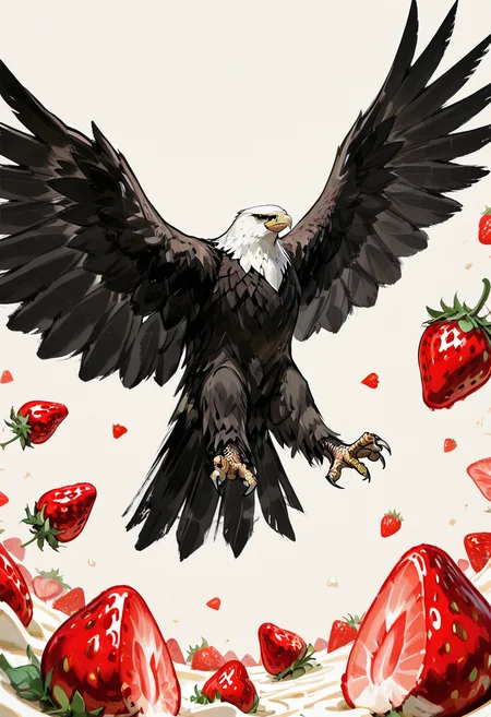 no humans, eagle, strawberry, from below, food focus,
BREAK
best quality, masterpiece, very aesthetic, absurdres, highest detailed, very awa, detailed background, <lora:Ink_wash_painting_style_v2.0:0.8>