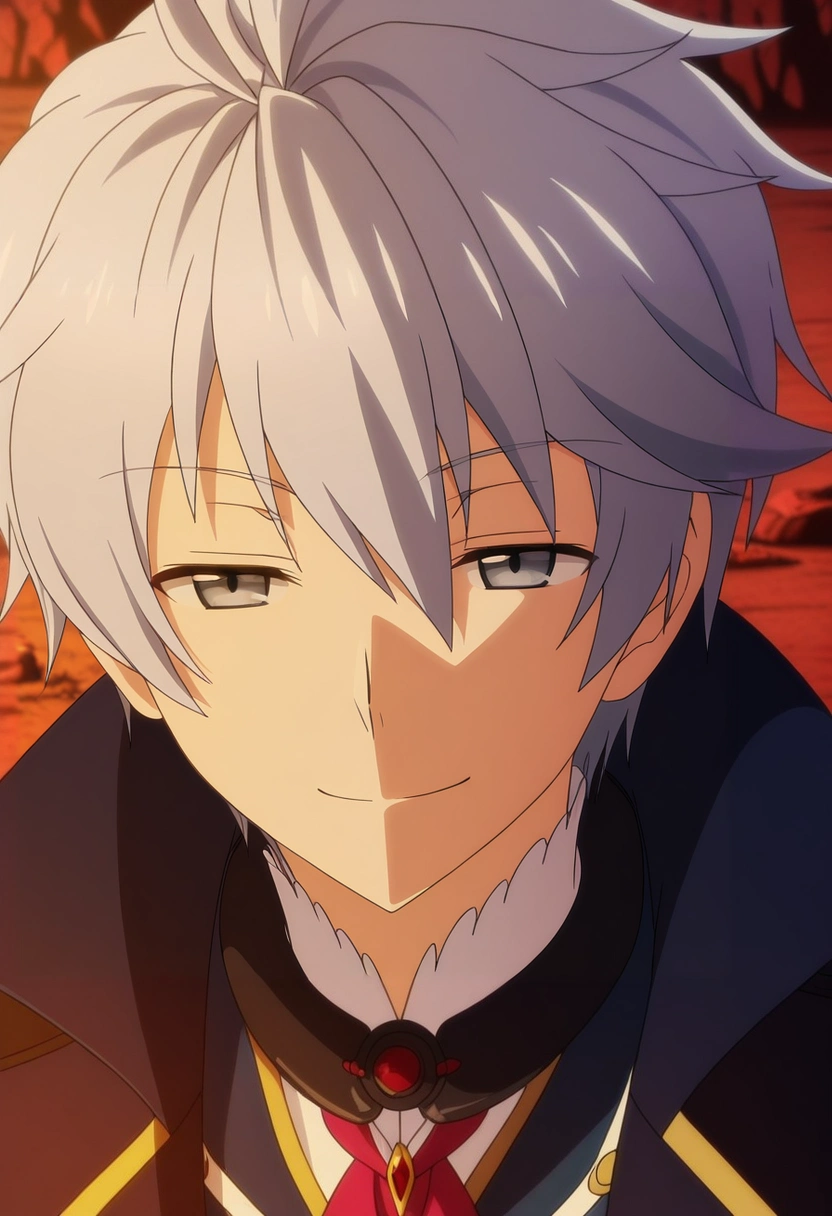 masterpiece, best quality, , anime screencap, anime coloring, official style,, 1boy, solo, male focus, <lora:lux_arcadia_ilxl:0.96>, lux_arcadia, grey hair, grey eyes, short hair, hair between eyes, , upper body, ayers rock, midnight, dynamic pose, half-closed eyes, smile,