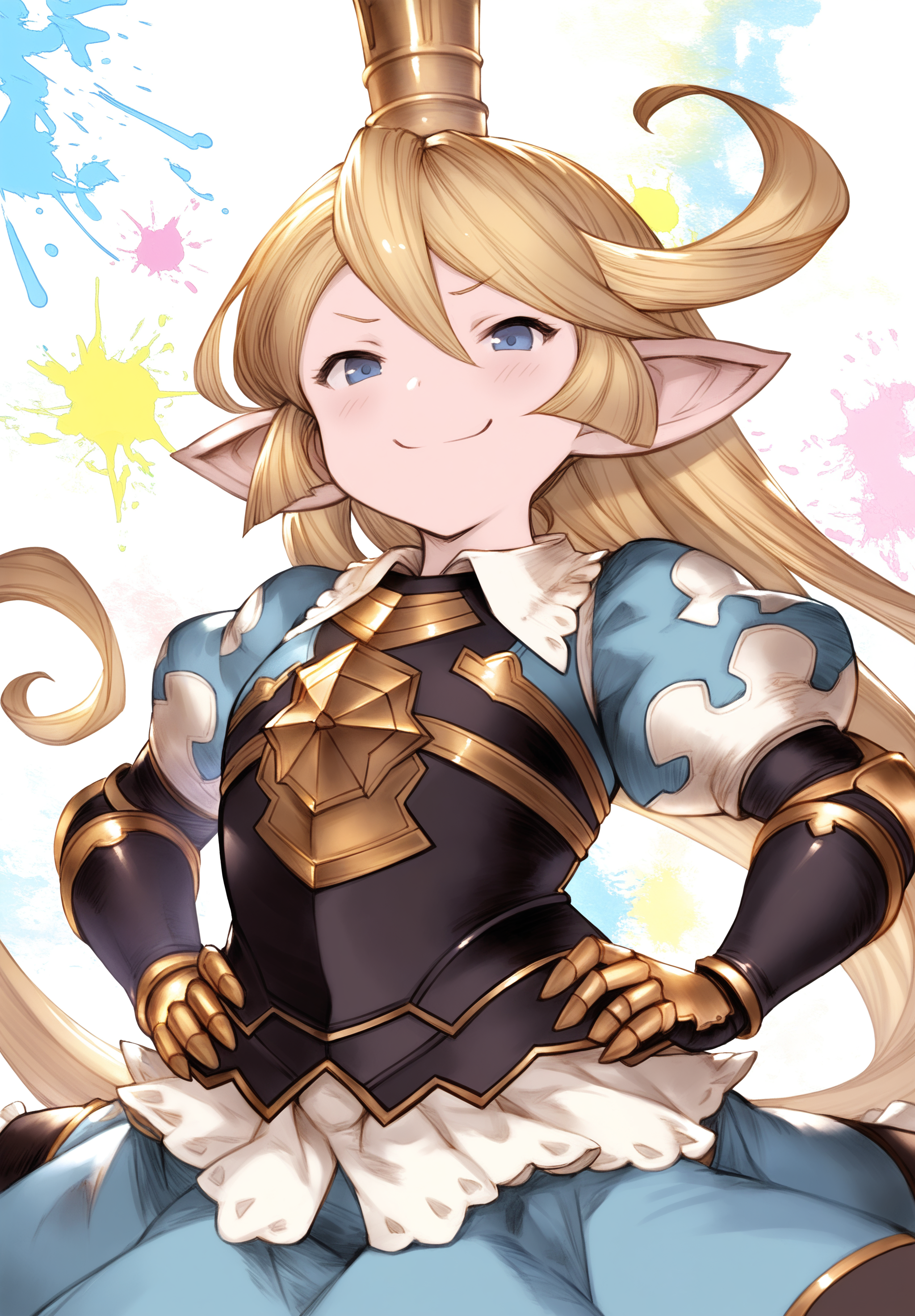 masterpiece,absurdres,best quality,high quality,<lora:Granblue Fantasy XLV3 Vpred:1>,charlotta \(granblue fantasy\),close-up,upper body,foreshortening,smile,smug,multicolored background,splatter background,hands on own hips,