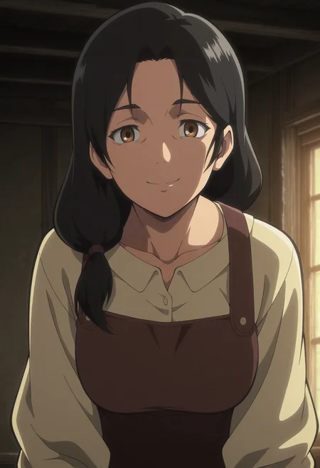 1girl,solo,mm,mature female,black hair,brown eyes,long hair,anime coloring,
shirt,upper body,looking at viewer,smile, indoors
,masterpiece,best quality,amazing quality,<lora:Carla_Yeager-Shingeki_no_Kyojin_ix:0.8>