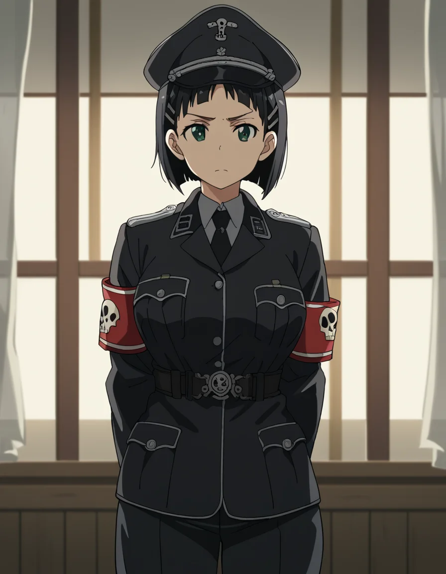 score_9, score_8_up, score_7_up, source_anime, suguhakirigaya, <lora:suguha-kirigaya-s1-ponyxl-lora-nochekaiser:1>, suguha kirigaya, short hair, black hair, hair ornament, hairclip, green eyes, large breasts,, <lora:warden-ponyxl-lora-nochekaiser_r1:1>, skull hat ornament, uniform, military uniform, black uniform, hat, cap, black cap, armband, collared shirt, black necktie,, indoors, hands behind back,, cowboy shot,