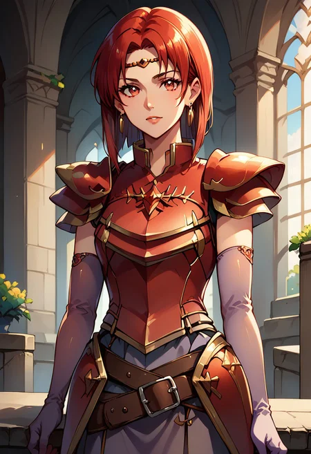 1girl, solo, alone, score_9, score_8_up, score_7_up, masterpiece, high quality, source_cartoon, very detailed,
MelFE, red hair, short hair, red eyes, circlet, earrings, jewelry, red armor, breastplate, shoulder armor, purple elbow gloves, purple skirt, belt,
closeup, portrait, beautiful face, upper body,
interior, old castle, medieval castle, barracks, facing forward,