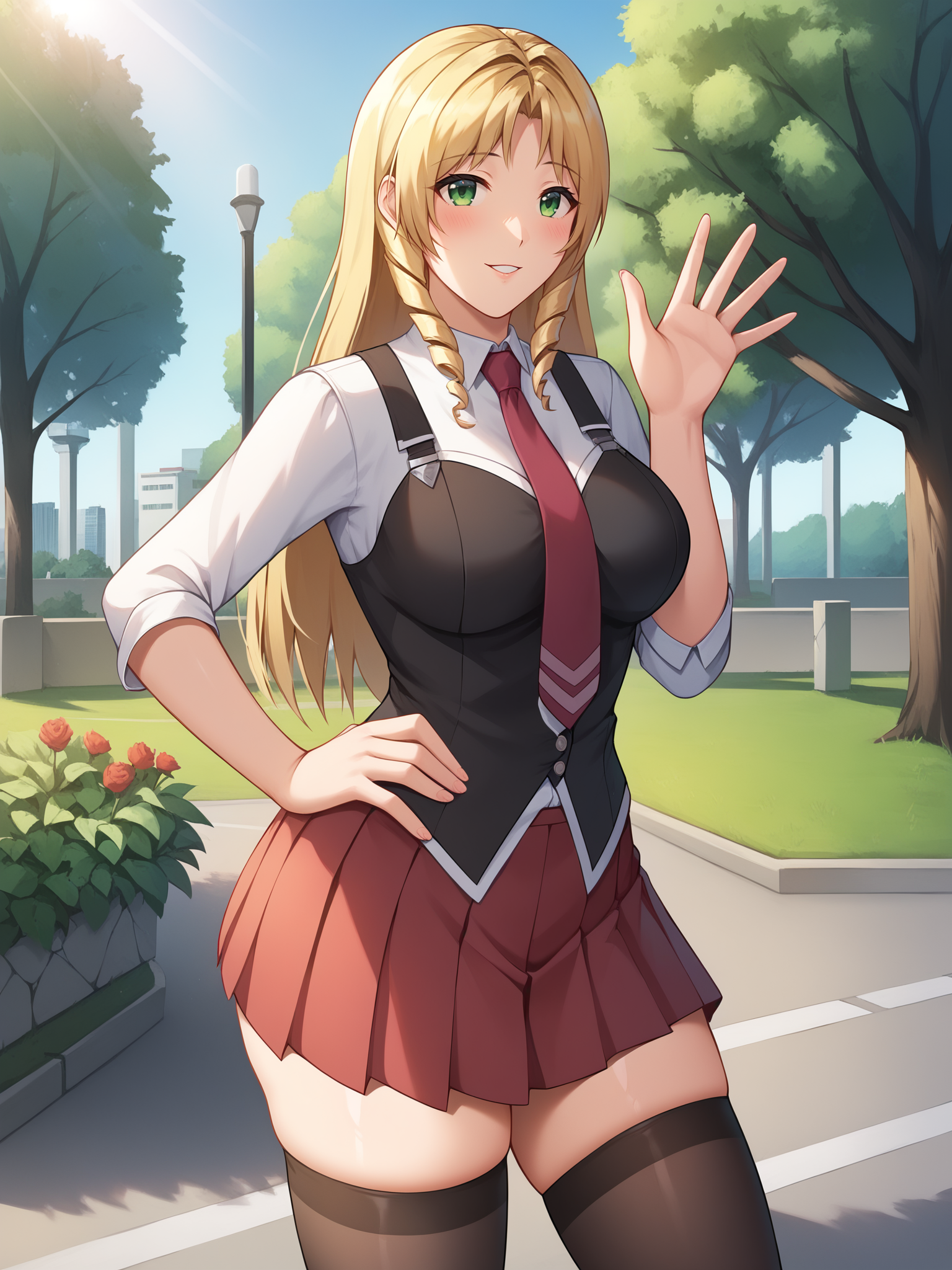 score_9, 
1girl, shiraki rika, standing, cowboy shot, hand on own hip, solo,
looking at viewer, blush, parted lips, happy, leaning back, leaning on fence, light smile, hand up, waving arm,
blonde hair, long hair, green eyes, drill sidelocks,
thick thighs, shiny skin, curvy,
white shirt, red necktie, black (vest:1.2), suspenders, red skirt, pleated skirt, black thighhighs, white trim,
outdoors, day, blue skies, tree, sidelighting, sunlight, garden, building, park, road
 <lora:Shiraki Rika 3216 PonyV6XL:1>