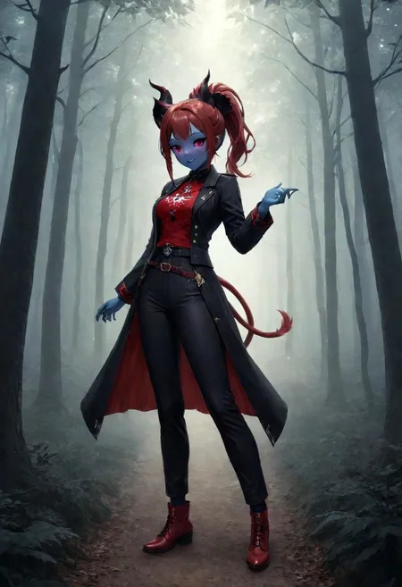 dark brown pants, highres,best quality,ponytail, full body,short height,happy,(purple eyes),photograph,realistic lighting,cute face,1girl,red tips on hair,red skin, fantasy world,in the forest, warlock,demon horns,skull logo, DonMD3m0nXL,blue skin:1.4, yellow eyes, anime style,blue flame,flames around hands,fantasy adventure outfit