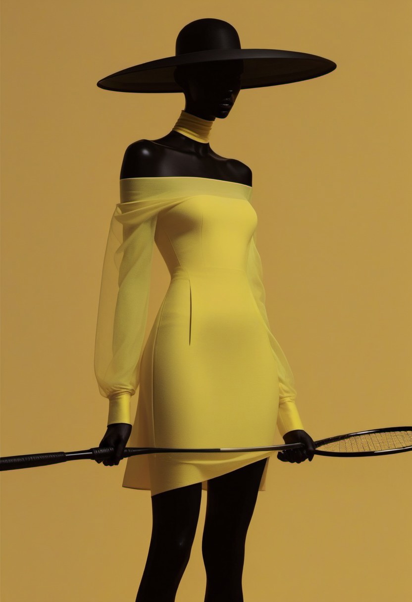 aaAR7fl,masterpiece,highres,best quality,best aesthetic, intriguing details, Rick Owens fashion campaign, haute couture,1girl, solo, off shoulders, glowing necklace, see-through, wide brim hat, swing a badminton racket, yellow gradient background, in style of Tim Walker, black Organic-shaped dress, explicit, dynamic,