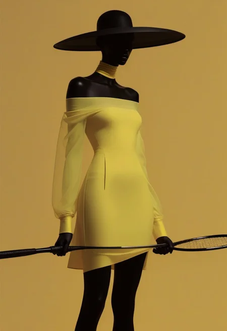 aaAR7fl,masterpiece,highres,best quality,best aesthetic, intriguing details, Rick Owens fashion campaign, haute couture,1girl, solo, off shoulders, glowing necklace, see-through, wide brim hat, swing a badminton racket, yellow gradient background, in style of Tim Walker, black Organic-shaped dress, explicit, dynamic,