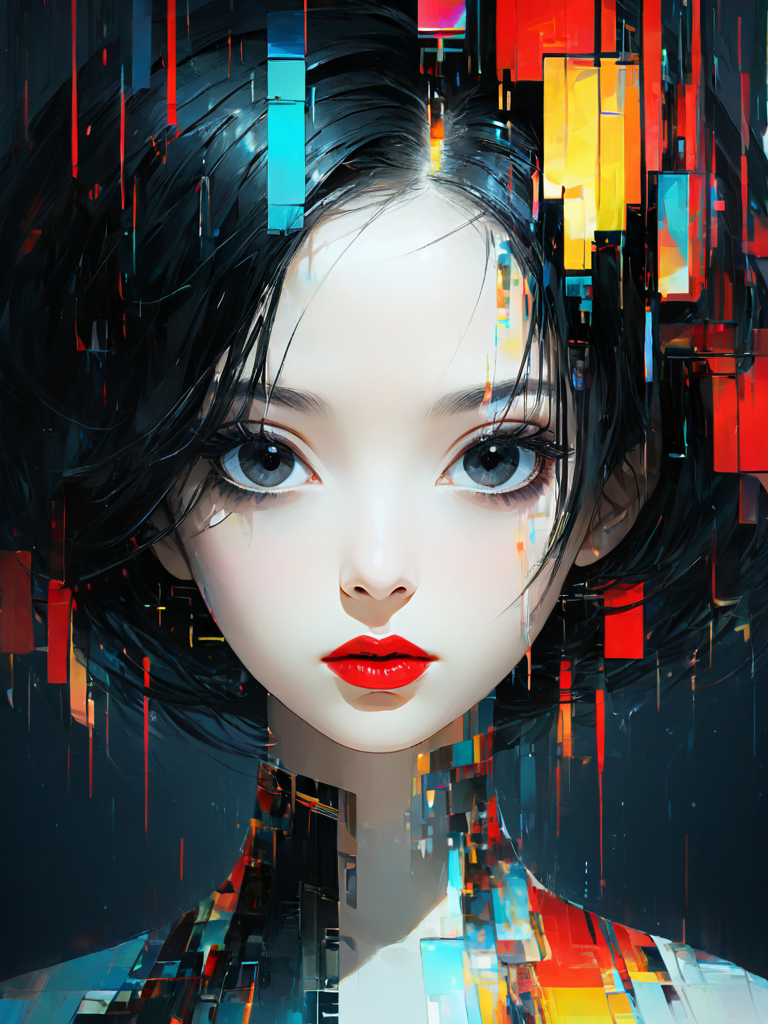 <lora:æéé£:1.2>,(\gu zhang feng\), 1girl, solo, black hair, looking at viewer, portrait, parted lips, lips, black eyes, short hair, abstract, glitch, red lips