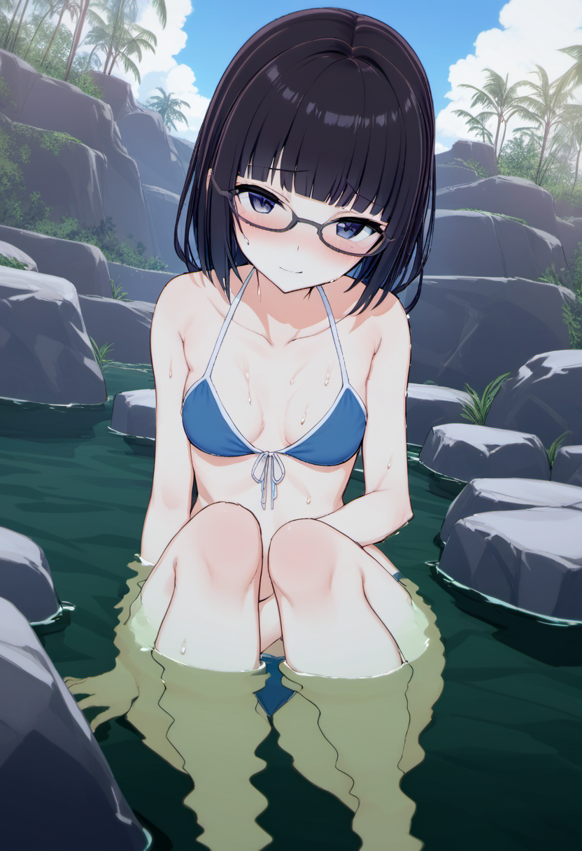 rating: general,  <lora:Makoto_Miyamura_from_LiL:1>, makoto, glasses, solo, blush, blue bikini, outdoors, bathing, submerged, seductive smile, looking at viewer, shy, small breasts, blunt bangs, sitting, masterpiece, best quality