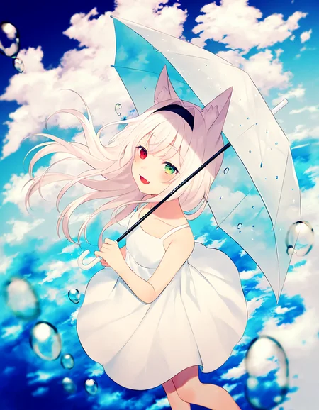 1girl, solo, red eyes, dutch angle, holding umbrella, from above, foreshortening, wide shot, scenery, green eyes, heterochromia, black headband, hair intakes, :d, fang, water, looking at viewer, blush, fox ears, sundress, white dress, white hair, long hair, blue sky, cloudy sky, air bubble, blurry, floating hair <lora:achiki:0.6>, achiki