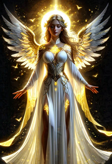 a light angel with yellow glowing runes on her hands, bright light emitting from her like an aura, beautiful, long flowing dress, white and gold wings with glowing runes