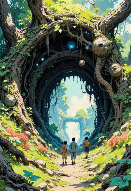 Create a beautifully detailed sketch capturing a fantastical and mystical world infused with lightness and wonder. The style should feature clean, expressive black outlines and luminous colors, reminiscent of high-quality Japanese animation. Use a harmonious palette of soft pastels and vibrant natural tones—golden yellows, delicate greens, sky blues, and coral pinks—balancing light and shadow to create a bright, airy atmosphere. The world should feel alive, with intricate details woven into the environment, evoking magical realism grounded in a believable, everyday setting.
Characters, rendered in a realistic yet approachable style, should exude depth and personality. Their natural, emotive expressions should reflect the complexities of their stories and themes. The atmosphere is fairytale-like yet profound, blending whimsical, otherworldly elements with grounded, meaningful subjects. The focus will be on a specific subject—The children discover the hidden entrance to Totoro’s lair, vines and roots forming an arched gateway. Dappled sunlight filters through the canopy above, illuminating their awe-struck faces as they step into the magical, earthy hollow—crafted to integrate seamlessly into the scene, while surrounding details evoke wonder and introspection. The composition radiates creativity, immersing the viewer in a serene, richly layered universe.
ghiblistyle