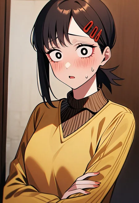 score_9, score_8_up, score_7_up, (Higashiyama_Kobeni, sweater, tilt head, confused, (character focus)), (masterpiece: 1.2)