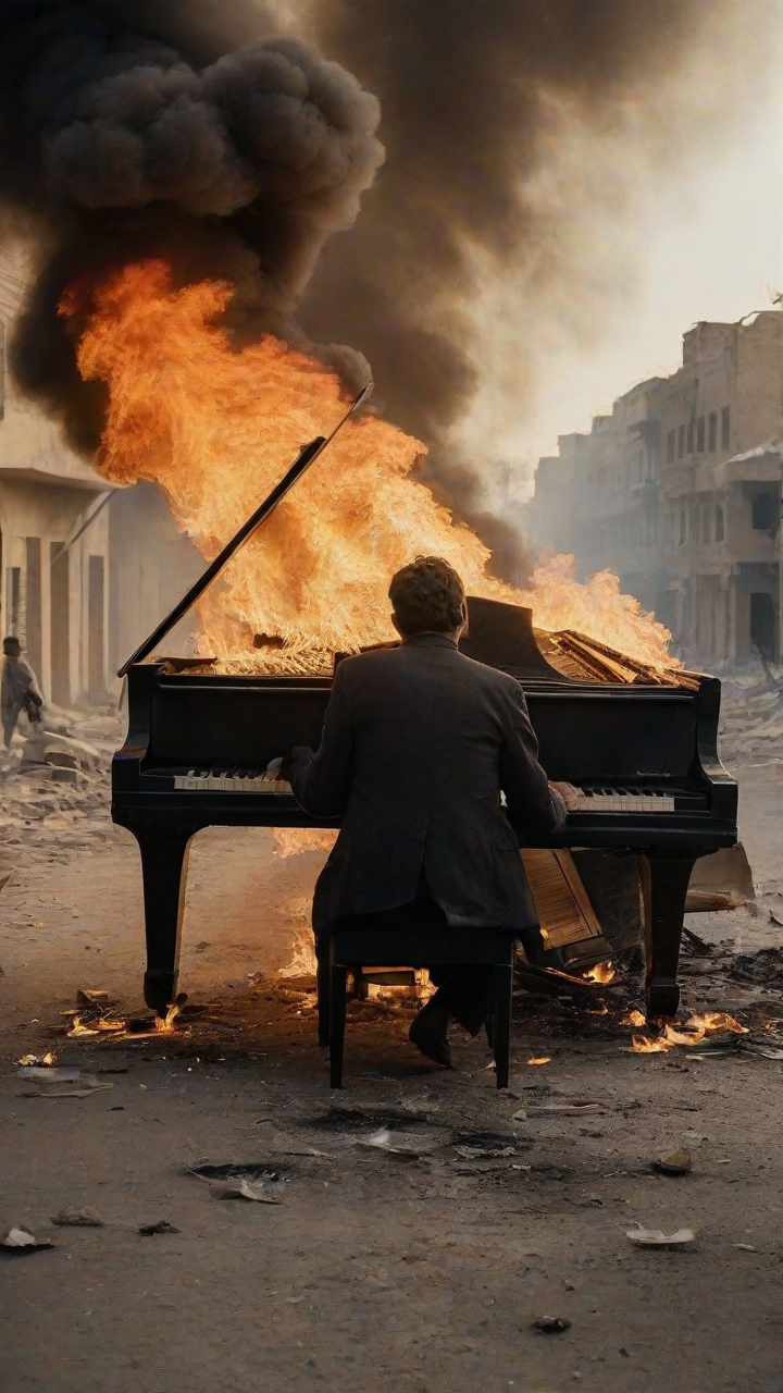 extreme long shot, a pianist with his back to the camera in the middle of a devastated street,lit by fire, playing a piano on fire, musical instruments catching fire around, a piano burning, sad eyes, dramatic eyes, Afghanistan war ambient, 14mm, highly detailed, pieces of paper burning falling through the air, realistic, explosions in background, depth of field, texture, ultra detailed clhothes and skin, cinematic, well lighting, canon photography, war photograpy, iconic, professional photography, award-winning photography, extreme wide shot, pieces of paper catching fire and falling around.