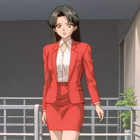<lora:SakuraOVA_pony_v1:1>SakuraRedSuit, 1girl, jacket, formal, suit, brown eyes, shirt, red pencil skirt, black long hair, long sleeves, cowboy shot