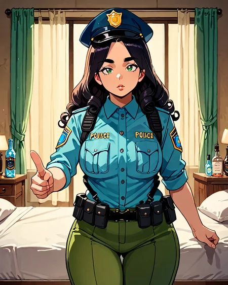 score_9, score_8_up, score_7_up, score_6_up, source_anime, rating_safe, ah1, 1girl, (curly hair), long hair, (black hair), mature female, (parted hair:1.7), (round face), (no_bangs:1.3), (no_fringe:1.6), looking at viewer, (thick eyebrows), (curvy), round-chin, (dark olive green eyes), caucasian, down-turned eyes, <lora:ETO_OCPonyXL:0.5> eto_oc, skindentation, thick thighs, wide hips, petite, busty, voluptuous,  kinky curls, puckered lips, bad-hands-5, (pointing down), (rob roy Police Officer Uniform,  The female police officer uniform usually features a sturdy shirt, tactical pants, a duty belt, and a hat, all designed for functionality and authority), (in Elfic Bedroom, Serene sanctuary with a canopy bed draped in flowing silks, moonlight filtering through sheer curtains, a vanity adorned with crystal bottles of perfumes and oils, intricately woven tapestries depicting scenes from elven folklore, a soft, feather-filled mattress atop a carved wooden bed frame), (raised eyebrows), <lora:ZootPonyAnime_V1_r2:0.5>,