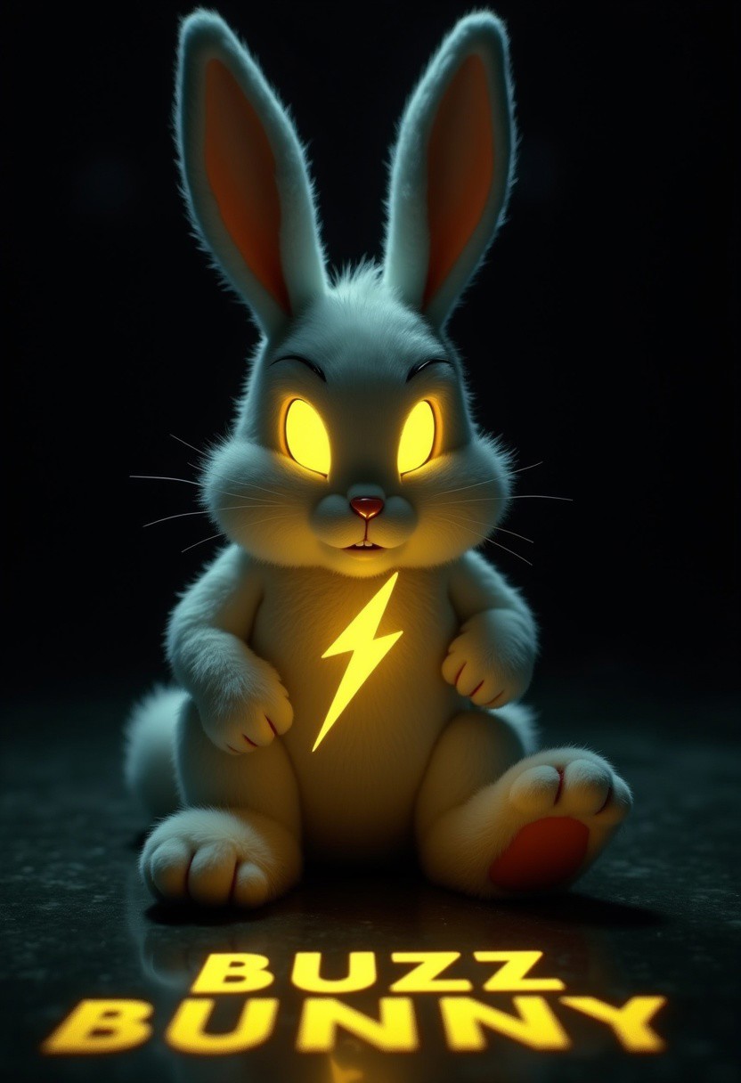 The energizer bunny. It has white fur and glowing yellow eyes with a glowing yellow lightning bolt symbol on its chest. It is sitting in a dark environment and is visible amidst a black background. Looking down upon the viewer in a sinister manner. Ground view, imposing perspective, glowing yellow text that says "BUZZ BUNNY"