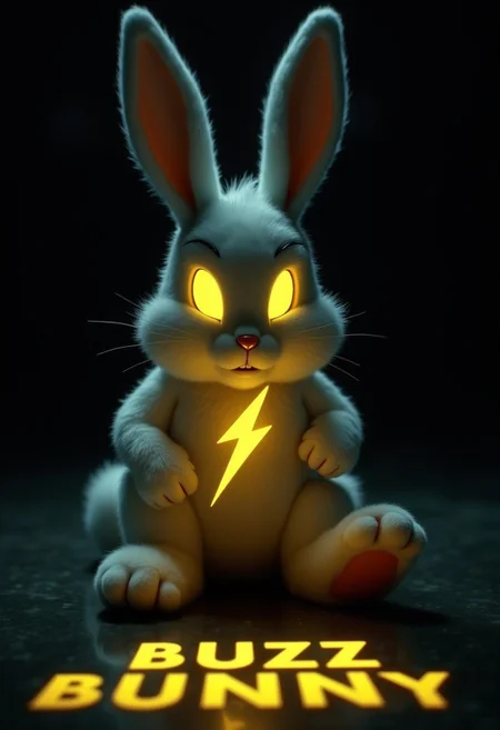 The energizer bunny. It has white fur and glowing yellow eyes with a glowing yellow lightning bolt symbol on its chest. It is sitting in a dark environment and is visible amidst a black background. Looking down upon the viewer in a sinister manner. Ground view, imposing perspective, glowing yellow text that says "BUZZ BUNNY"