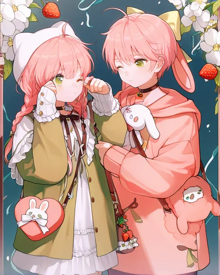 beautiful,amazing,detailed eyes,(((masterpiece))),1girl, pink hair, stuffed toy, braid, green eyes, stuffed animal, hood, bag, stuffed bunny, animal ears, long sleeves, long hair, choker, food, holding, one eye closed, shoulder bag, frills, siblings, fruit, ribbon, strawberry, holding stuffed toy, twin braids, flower, ahoge, short hair, brother and sister, dress, twins, bangs, bow, hoodie, animal hood, white headwear, sleeves past wrists, cherry, rabbit ears, rubbing eyes, hand up