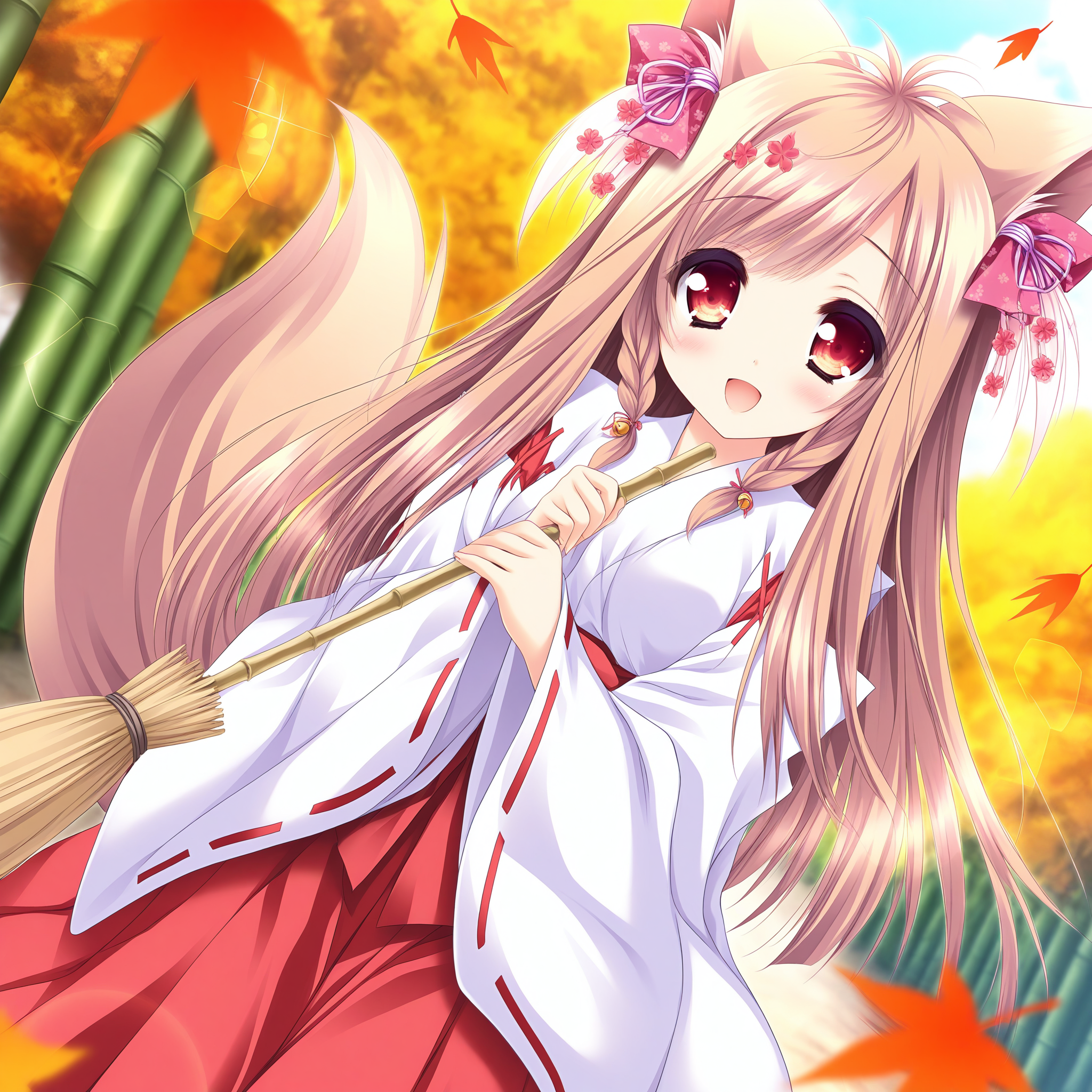 <lora:Mito_Kohaku_1_illu-000042:1>,Mito Kohaku,brown hair,twin braids,hair bell,hair flower,hair ornament,fox ears,fox tail,
miko,japanese clothes,ribbon-trimmed sleeves,hakama skirt,red hakama,wide sleeves,long sleeves,white kimono,red skirt,detached sleeves,
1girl,solo,broom,open mouth,smile,looking at viewer,leaf,bamboo broom,outdoors,dutch angle,holding,autumn leaves,depth of field,lens_flare,