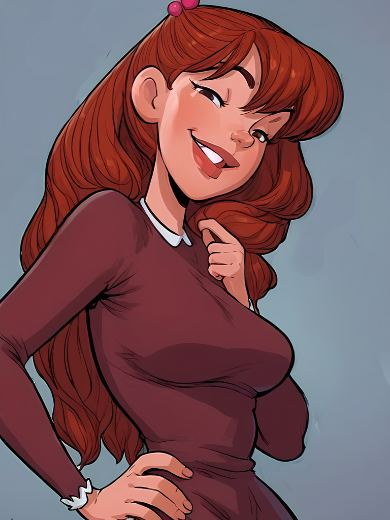 score_9_up,score_8_up,score_6,score_5,score_4,  julia, long hair, 1girl, brown hair, lips, solo, hair ornament, breasts, red hair, dress, simple background, hand up, smile,looking at viewer ,hand on hip, upper body,pov, naughty face,     <lora:julia sdxl:1>