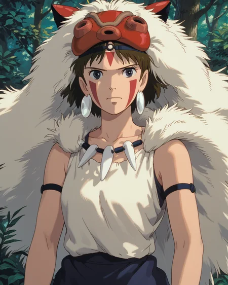 (embedding:zPDXL:1.0), score_9, score_8_up, score_7_up, best quality, source_anime, rating_safe, <lora:Ghibli_1:0.3>ghibli_style, anime_coloring, 1girl, <lora:san_pony_v4:0.8>san, solo, short hair, brown hair, gray eyes, headband, face paint, earrings, white sleeveless top, navy under dress, arm cuffs, fur headdress, fur cape, tooth necklace, mask on head