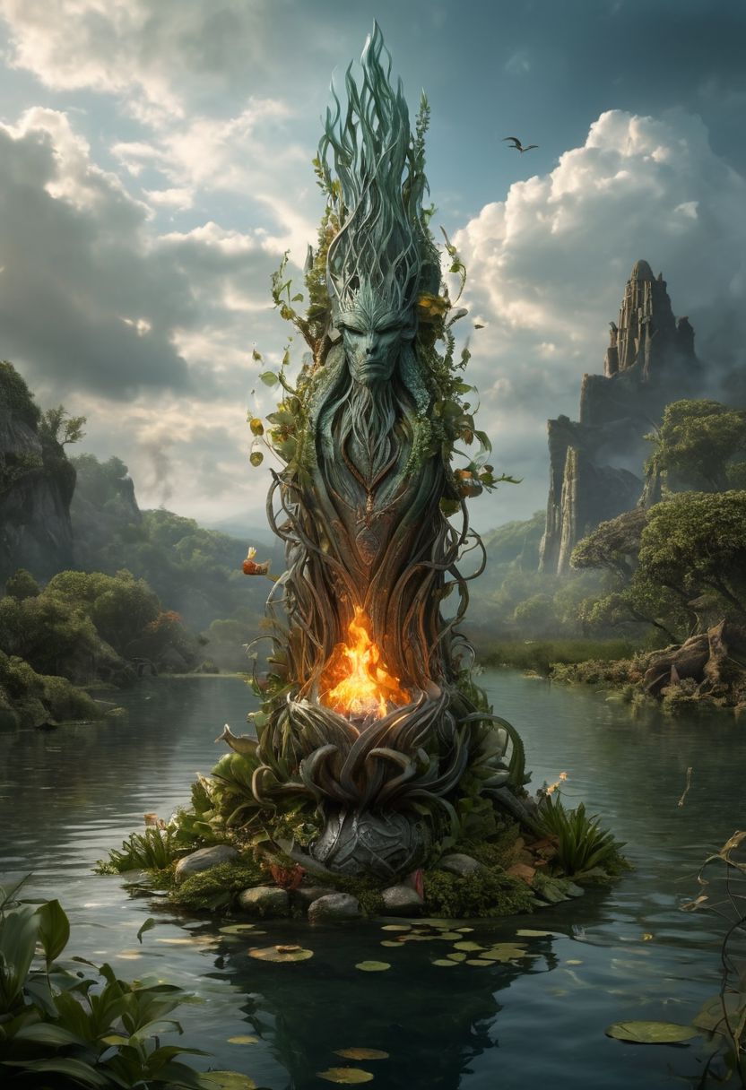 An ethereal and surreal landscape dominated by the four elemental masters, each embodying their respective elements of air, water, fire, and earth. In the foreground, a muscular figure clad in leaves and vines, symbolizing the earth element, towers over a tranquil pond where the water element, depicted as a beautiful mermaid with flowing hair, peacefully swims amongst the lilies. The sky above is filled with the air element, manifested as a swirling vortex of wind and clouds, while in the distance, the fire element, embodied by a powerful and fierce-looking dragon, breathes forth flames that dance and twist in the air. The four elements interact harmoniously, creating a mesmerizing display of nature's raw power and beauty. In the center of the landscape, a massive, glowing crystal rests upon a pedestal, signifying the convergence of all four elements and the presence of the elemental masters. The image evokes a sense of awe, wonder, and the primal connection between the natural world and the forces that shape it., hyper-realism, realistic, masterpiece, intricate details, best quality, highest detail, professional photography, detailed background, depth of field, insane details, intricate, aesthetic, photorealistic, extreme depth of field, Ultra HD, HDR, DTM, 8K