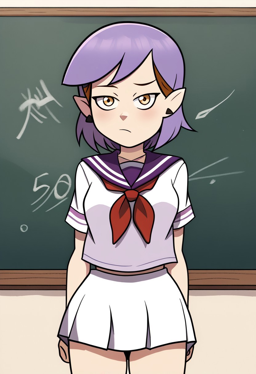 deadinsidestyle, chap, 1girl, solo, posing, cowboy shot, in front of black board, japanese school uniform,
