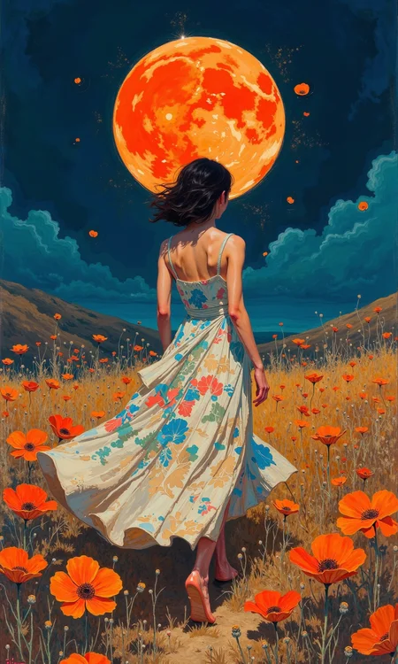 A vibrant, full-shot watercolor painting.
A woman, her back to the viewer, is depicted in mid-stride or movement, wearing a flowing, patterned dress. The dress is a mix of light cream/beige and various shades of blue, with a floral pattern. Her posture suggests a sense of movement and freedom. Her hair is dark and gathered loosely.
The woman is situated in a field dotted with numerous orange-red poppies. Dried, light tan grasses are interspersed amongst the flowers, giving a sense of a natural landscape.
The backdrop features a large, vibrant orange-red full moon. The sky around it is a deep navy blue, transitioning to a moody twilight/night sky. A range of dark, moody blues and deep shadows behind the hills and terrain add depth and atmosphere.
The overall impression is one of a mystical night scene, with the vibrant colors of the moon and the woman's dress contrasting with the somber tones of the night. The style is evocative and dreamlike. The artist's signature "Sunk" is faintly visible in the bottom right corner, indicating the artist's work.
<lora:FLUX-daubrez-DB4RZ-v2:1> DB4RZ, DB4RZ style painting