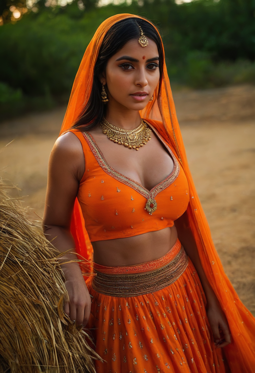 Stable_Yogis_PDXL_Positives beautiful indian woman, looking at viewer, long hair, large teardrop breasts,  sleeveless orange anarkali suit with short skirt