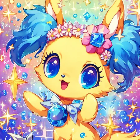 score_9, score_8_up, score_7_up,
jewel pet,sapphie,looking at viewer,smile,open mouth,blue eyes,blue hair,:d,pokemon (creature),no humans,sparkle,:3,creature,yellow fur
<lora:jewel_petPony:0.8>