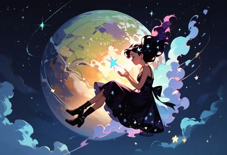 score_9, score_8_up, score_7_up, score_6_up, 1girl, ethereal, rated_safe, full body, floating, celestial beauty, fetal position, slinky night gown made of cosmic dust, swirling clouds of dark matter enfold her, cosmic background,trippy pink stars, shooting stars
