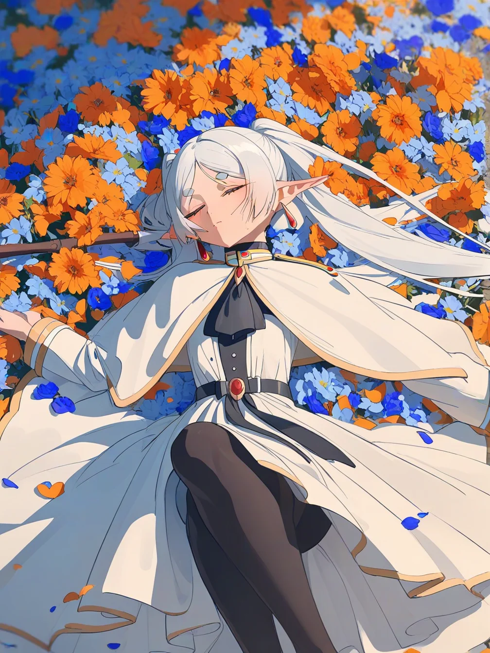 1girl,frieren,pointy ears,twintails,long hair,elf,closed eyes,flower,white hair,holding staff,solo,sky,head wreath,petals,pantyhose,jewelry,white capelet,cloud,dress,white dress,flower field,blue flower,long sleeves,outdoors,capelet,blue sky,field,earrings,closed mouth,falling petals,black pantyhose,cape,ascot,flower wreath,day,lying, sleeping, from above,
<lora:void_0_1-000034:1>,