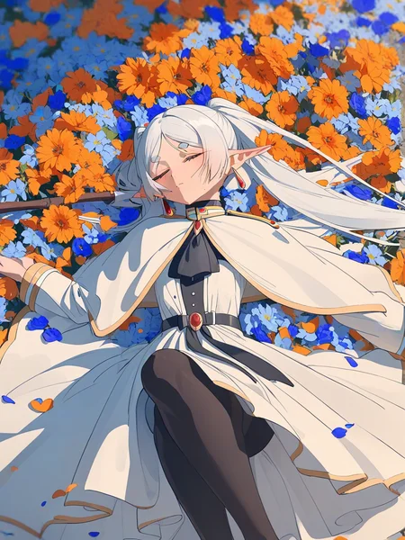 1girl,frieren,pointy ears,twintails,long hair,elf,closed eyes,flower,white hair,holding staff,solo,sky,head wreath,petals,pantyhose,jewelry,white capelet,cloud,dress,white dress,flower field,blue flower,long sleeves,outdoors,capelet,blue sky,field,earrings,closed mouth,falling petals,black pantyhose,cape,ascot,flower wreath,day,lying, sleeping, from above,
<lora:void_0_1-000034:1>,